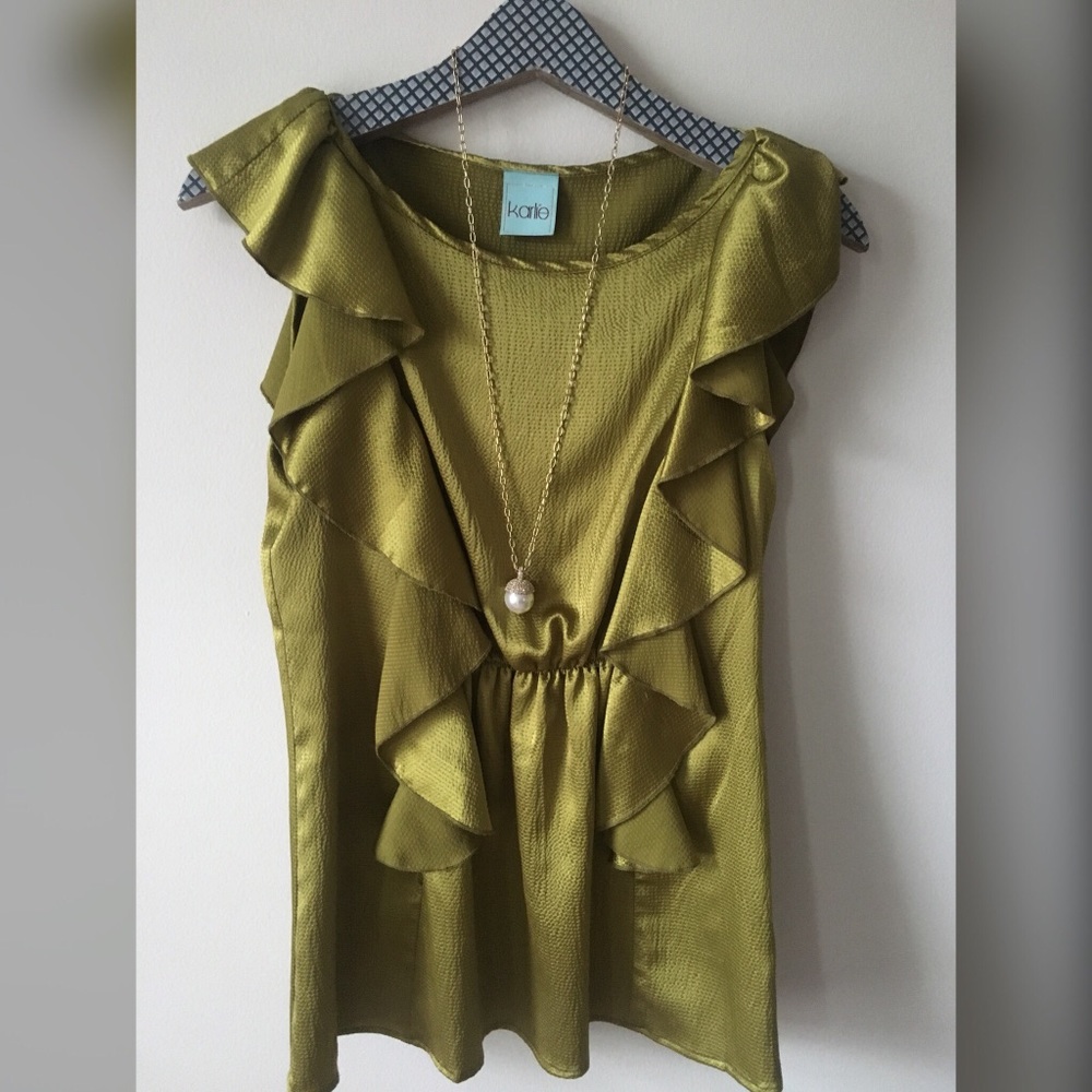 Karte Olive Green Ruffle Front Sleeveless Top